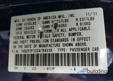 2012 Honda Accord Lx from USA, damaged, VIN 1HGCP2F32CA048038